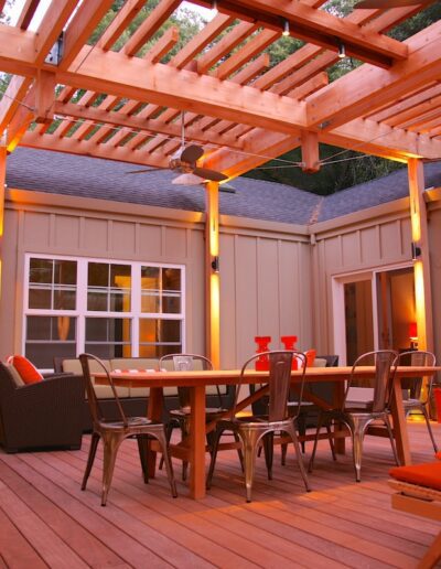 A cozy outdoor patio area equipped with a dining table, chairs, and ambient lighting at dusk.